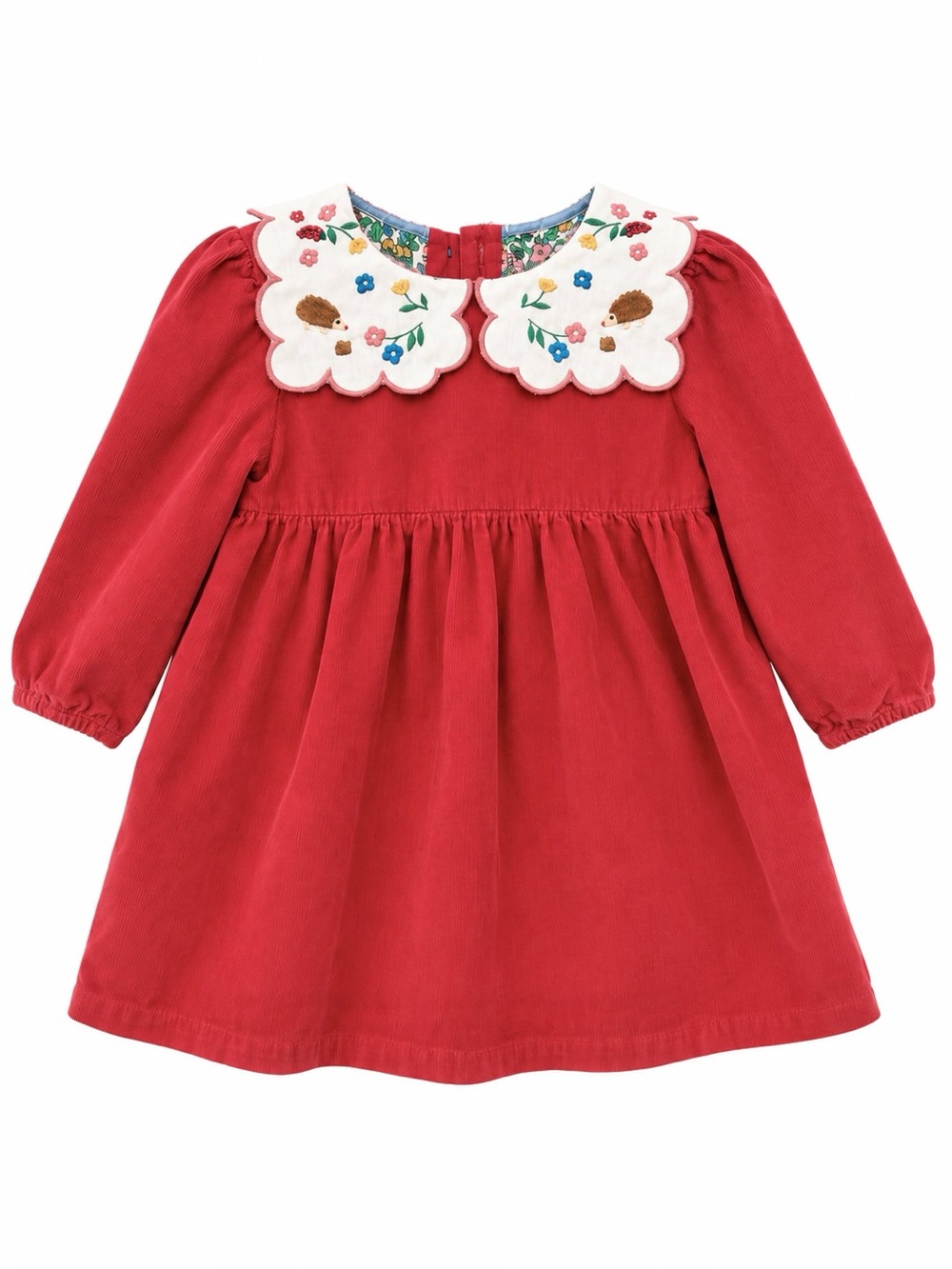 Baby Boden Red Corduroy Hedgehog Embroidered Collar Dress 12-18M